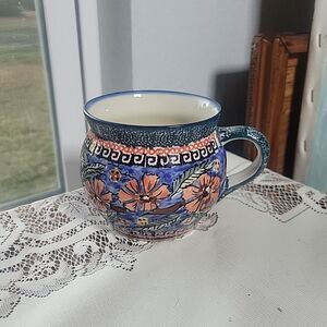 Vtg Polish Pottery Bubble Coffee Mug Tea Cup Pink Flower Floral Unikat E Malee